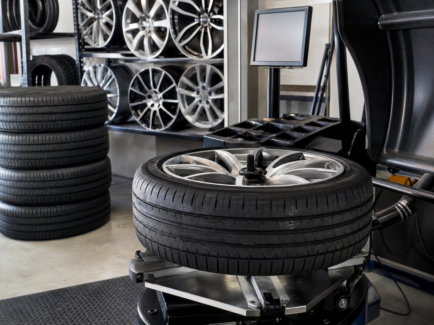 Generated placeholder of a wheel balancing machine with tyres and alloy wheels