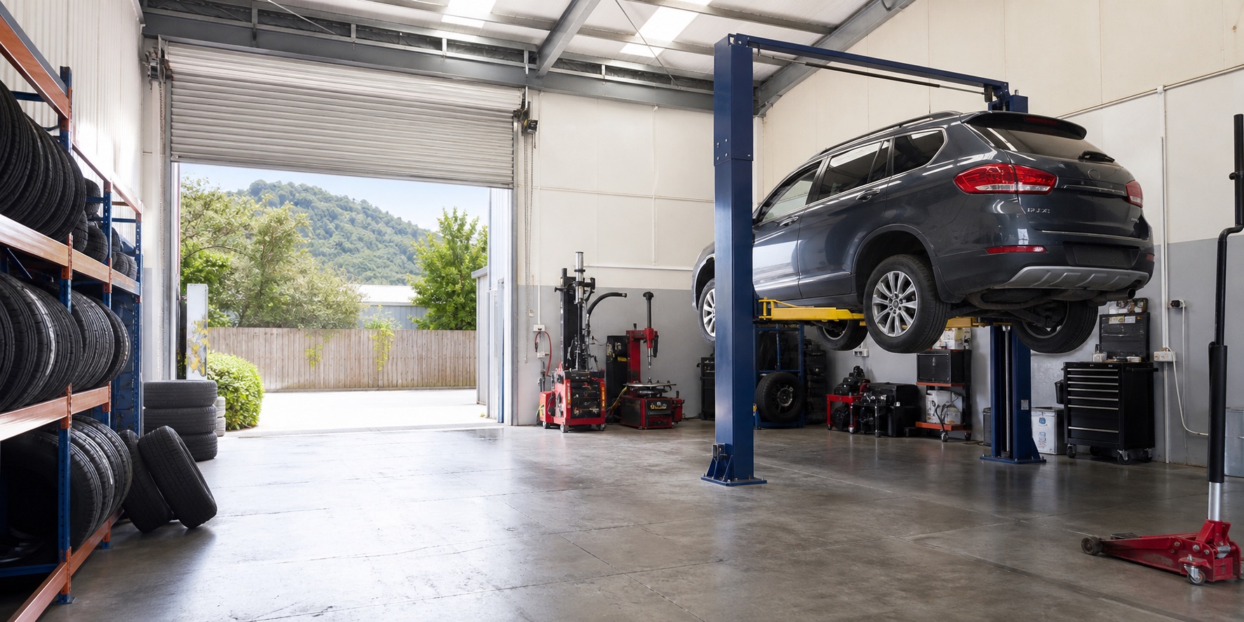 Generated placeholder of a bright tyre and automotive workshop bay with a vehicle on a lift